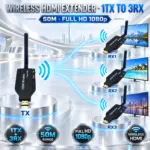 50m Wireless HDMI Extender 1TX To 3RX, Full HD 1080p Video And Audio Transmitter With External Antennas For TVs, Monitors And Projectors
