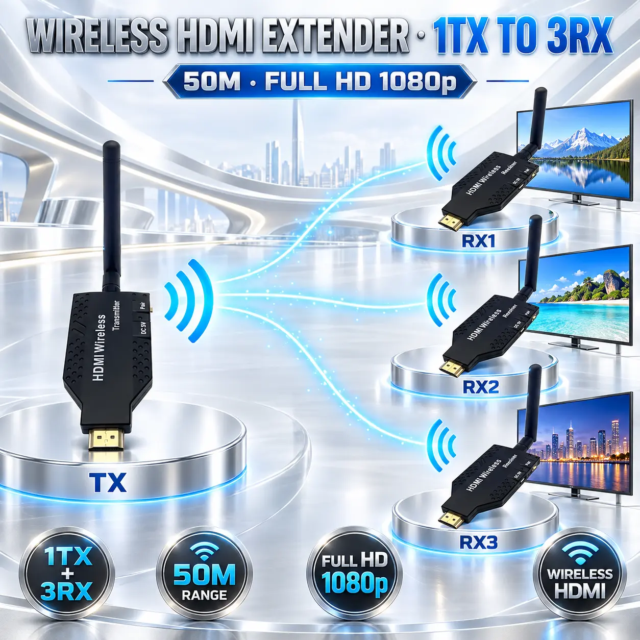 IMG_6aabe1355b239.webp 50m Wireless HDMI Extender 1TX To 3RX, Full HD 1080p Video And Audio Transmitter With External Antennas For TVs, Monitors And Projectors - Image 1