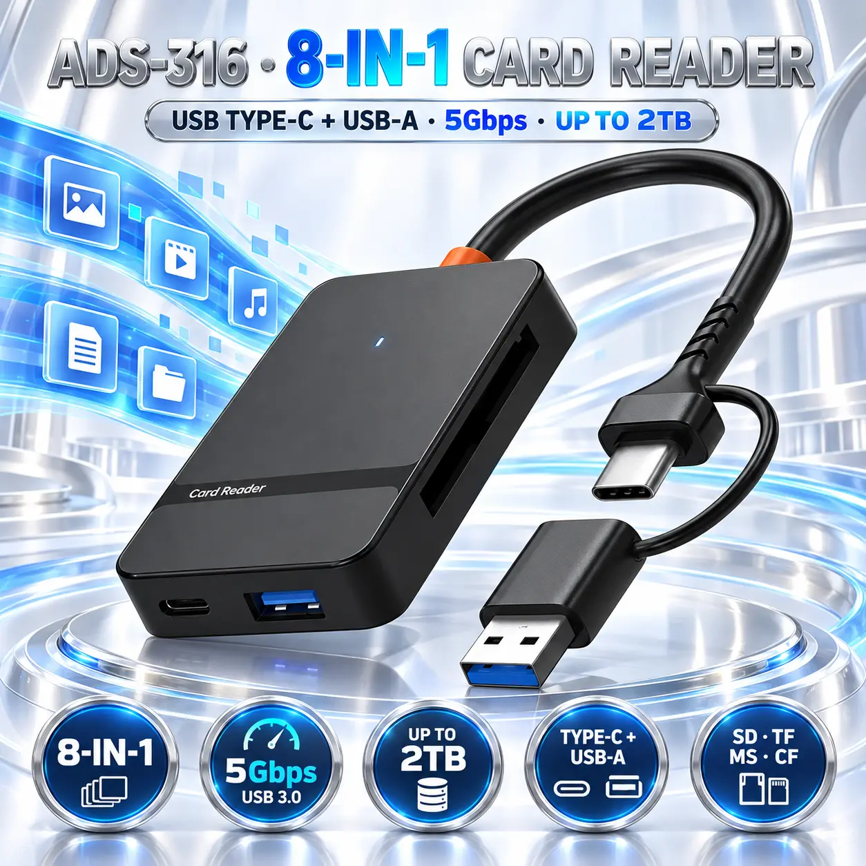 IMG_6aabea32ac3ce.webp ADS-316 8-in-1 USB Type-C And USB-A Card Reader, 5Gbps USB 3.0 Adapter For SD, TF, MS, CF1, USB Drives And Cards Up To 2TB - Image 1