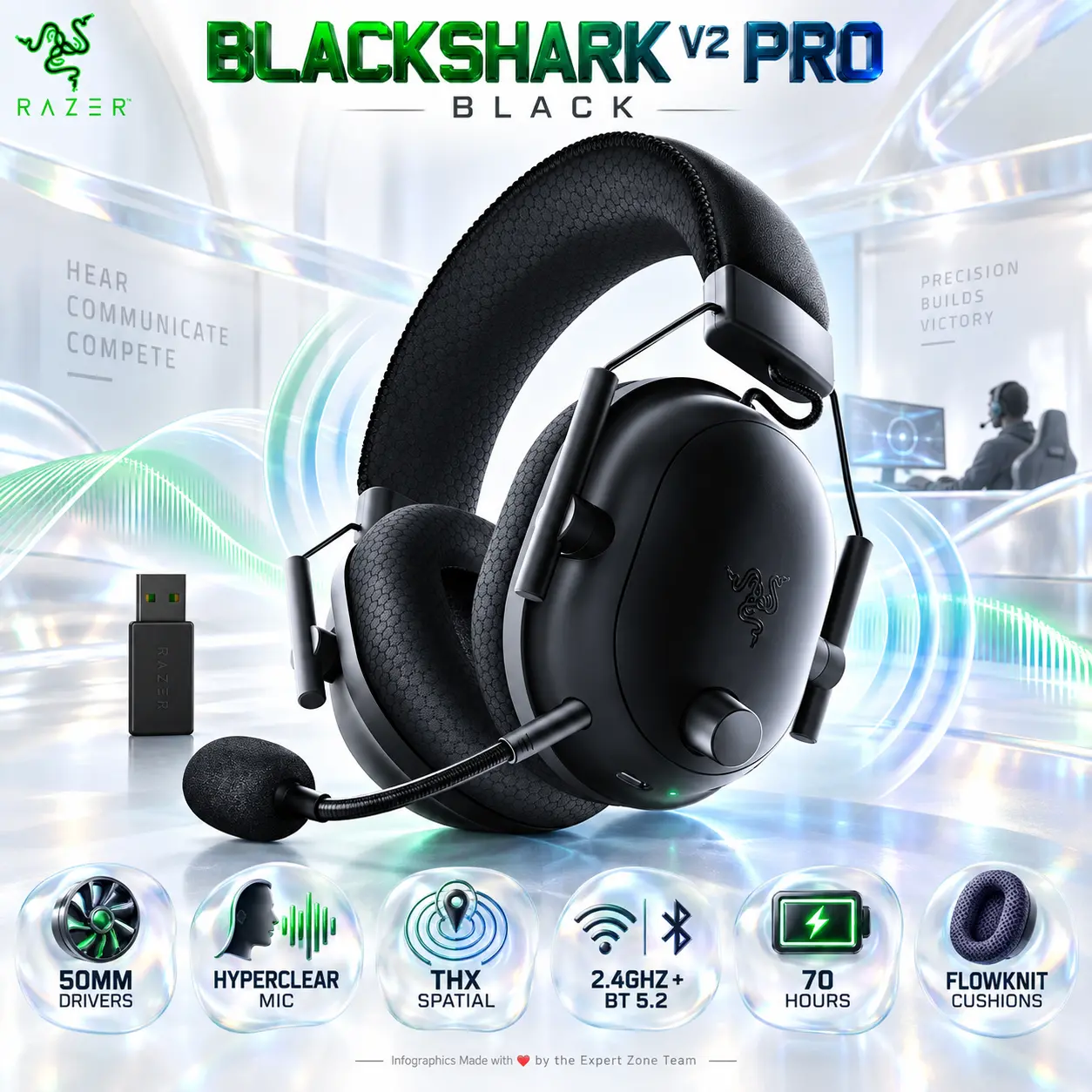 IMG_6aac0864ee5a9.webp Razer BlackShark V2 Pro Wireless Esports Headset, TriForce Titanium 50mm Drivers, HyperClear Super Wideband Mic, THX Spatial Audio, HyperSpeed 2.4GHz, Bluetooth 5.2, 70-Hour Battery | BLACK ~ USED - Image 1