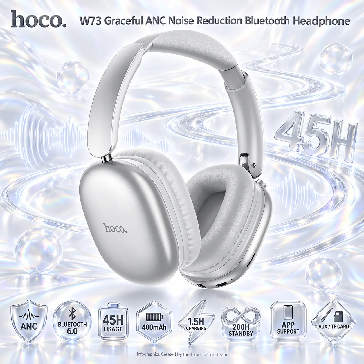 IMG_6aad42d5dc51e.webp HOCO W73 Silver Wireless Headphones With ANC Noise Reduction, Bluetooth 6.0, 45-Hour Usage, 400mAh Battery, APP Support, AUX, TF Card Play, And Bilingual Voice Prompts - Image 1