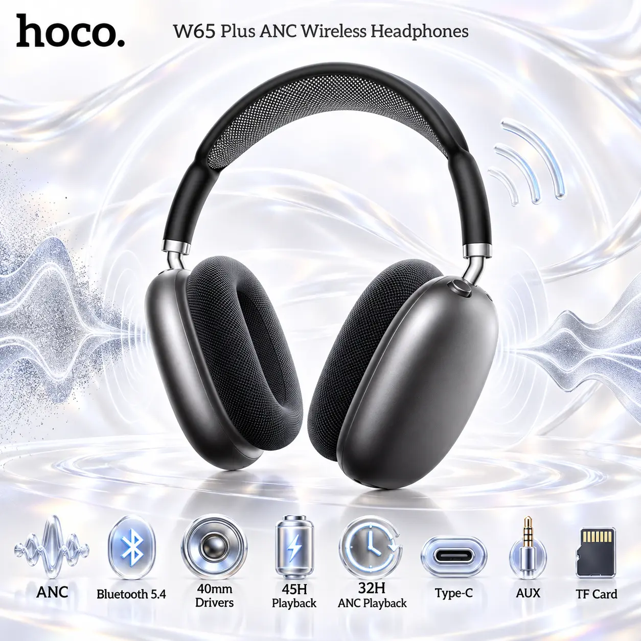 IMG_6ab0f0c824bff.webp HOCO W65 Plus ANC Deep Space Gray Wireless Headphones With Bluetooth 5.4, 40mm Drivers, 45-Hour Playback, AUX, TF Card And Type-C Charging - Image 1