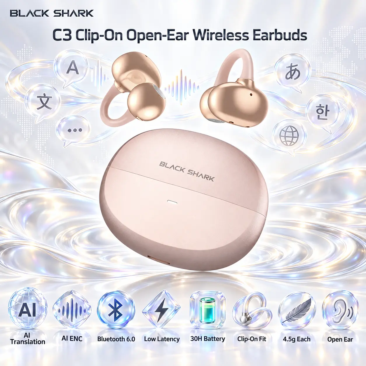 IMG_6ab0f3f633408.webp BLACK SHARK C3 Gold Clip-On Open-Ear Wireless Earbuds With AI Translation, AI ENC, Bluetooth 6.0, Low Latency And 30-Hour Total Battery Life - Image 1