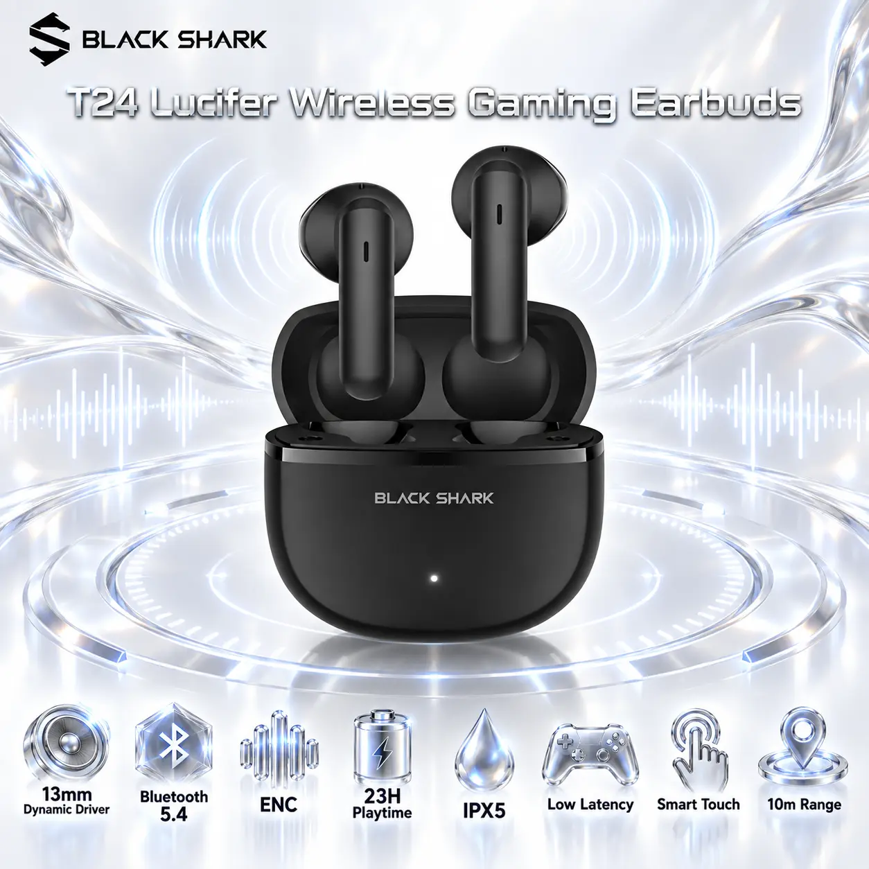 IMG_6ab0f5f10e568.webp BLACK SHARK T24 Lucifer Black Wireless Gaming Earbuds With 13mm Dynamic Drivers, Bluetooth 5.4, ENC, IPX5, LED Lighting And 23-Hour Playtime - Image 1