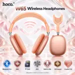 HOCO W65 Pink Wireless Over-Ear Headphones With Bluetooth 5.4, JL7006F8 Chip, ANC, TF Card, AUX, HiFi Sound, Built-In Microphone, And Fabric Ear Tips