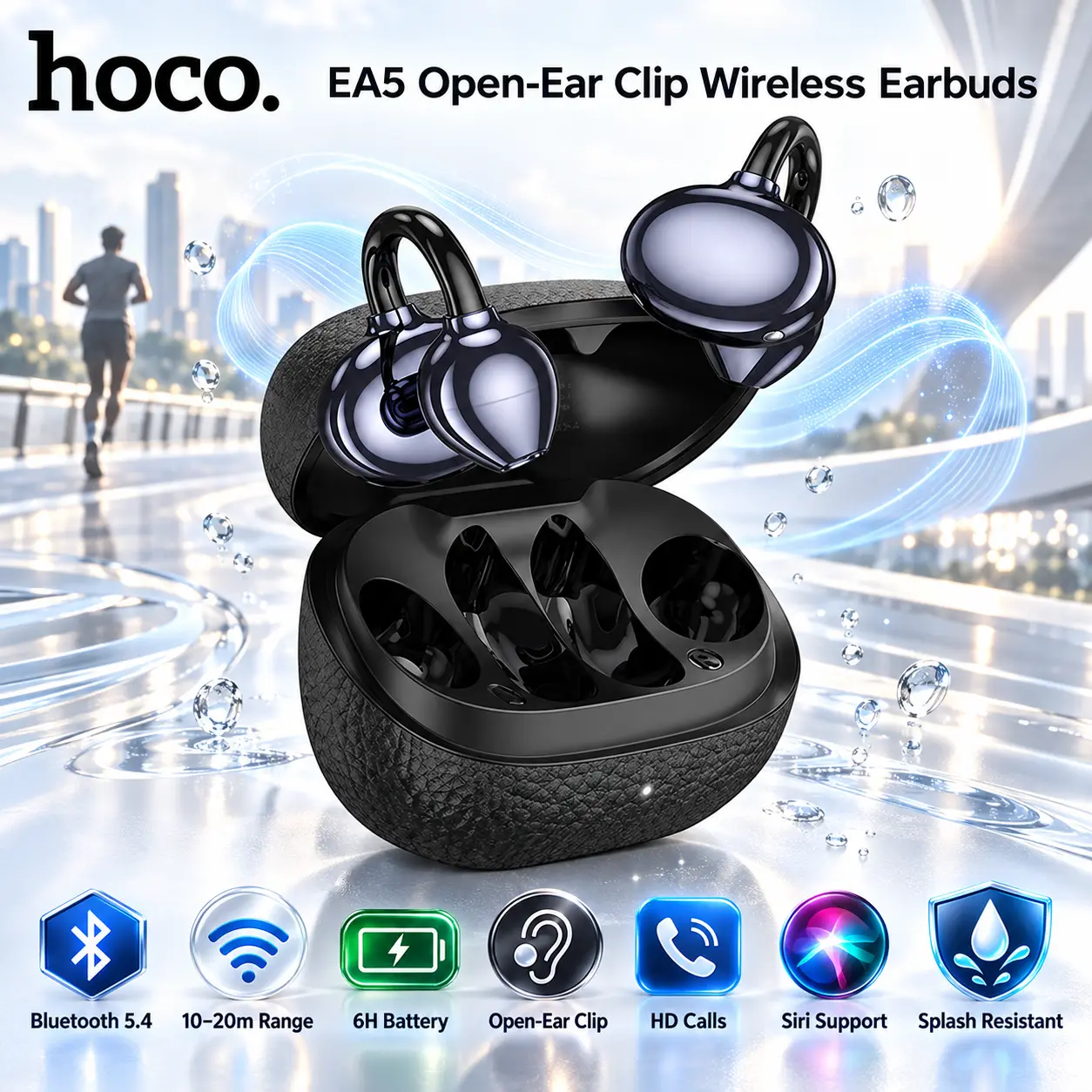 IMG_6ab23e829de97.webp HOCO EA5 Black Open-Ear Clip True Wireless Earbuds With Bluetooth 5.4, 10–20m Range, 6-Hour Battery, HD Calls, Siri Support, Silicone Cushions, And Splash Protection - Image 1