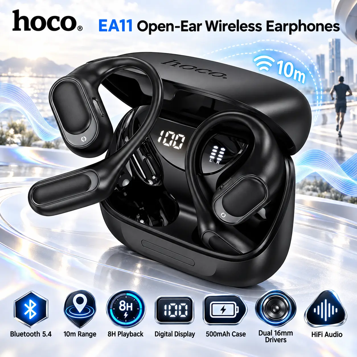 IMG_6ab2409c7bb6b.webp HOCO EA11 Black Open-Ear Wireless Earphones With Bluetooth 5.4, 10m Range, Digital Display, 8-Hour Playback, 500mAh Case, Dual 16mm Drivers, And HiFi Audio - Image 1
