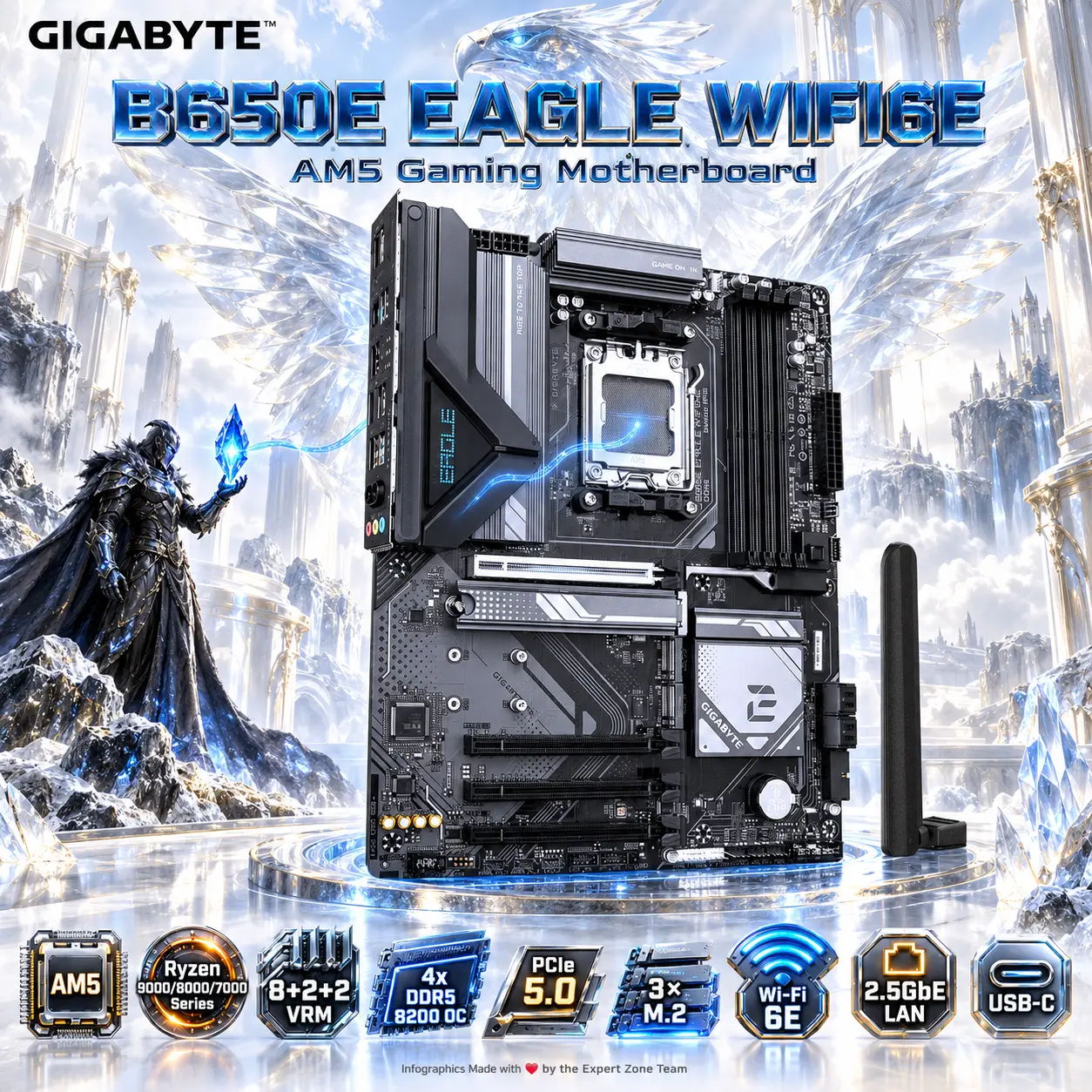 IMG_6ab2480fce847.webp GIGABYTE B650E EAGLE WIFI6E ATX AM5 Gaming Motherboard, AMD B650, 4x DIMMs DDR5 8200 OC, PCIe 5.0, Triple M.2, Wi-Fi 6E, Bluetooth 5.3, 2.5GbE LAN, 8+2+2 VRM, USB-C, For Ryzen 9000/8000/ 7000 Series - Image 1
