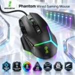 MOUSCHI Phantom Black Wired Gaming Mouse With 11 Programmable Buttons, 12800 DPI, 13 RGB Modes, 3-Million-Click Switches, Thumb Rest, And 1.8m Braided Cable