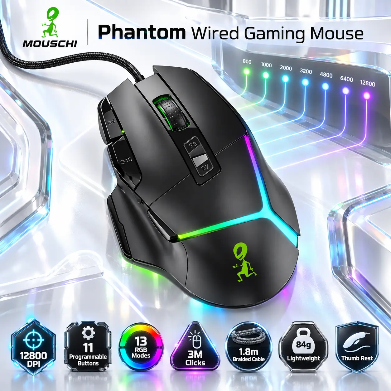 IMG_6ab24ab8aec73.webp MOUSCHI Phantom Black Wired Gaming Mouse With 11 Programmable Buttons, 12800 DPI, 13 RGB Modes, 3-Million-Click Switches, Thumb Rest, And 1.8m Braided Cable - Image 1