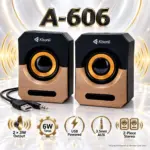 Kisonli A-606 Gold USB 2.0 Mini Stereo Speakers With 2 × 3W Output, 6W Total Power, 3.5mm AUX Connectivity, Compact 2-Piece Design, and Wide Multimedia Compatibility