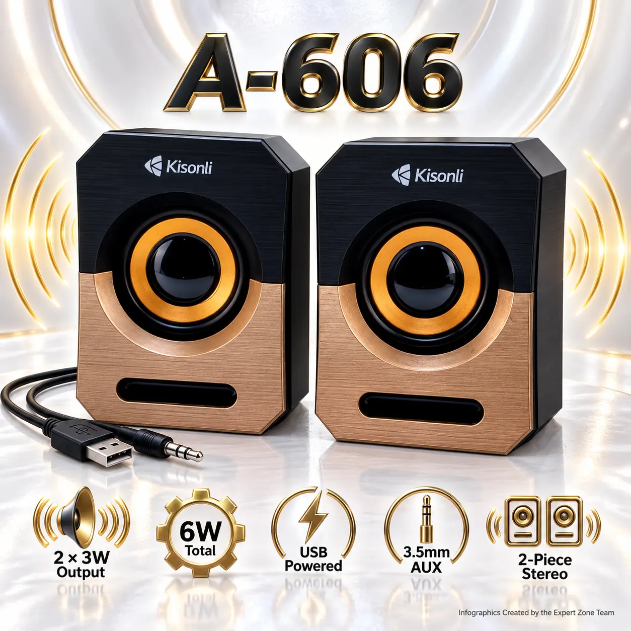 IMG_6ab287d455b82.webp Kisonli A-606 Gold USB 2.0 Mini Stereo Speakers With 2 × 3W Output, 6W Total Power, 3.5mm AUX Connectivity, Compact 2-Piece Design, and Wide Multimedia Compatibility - Image 1
