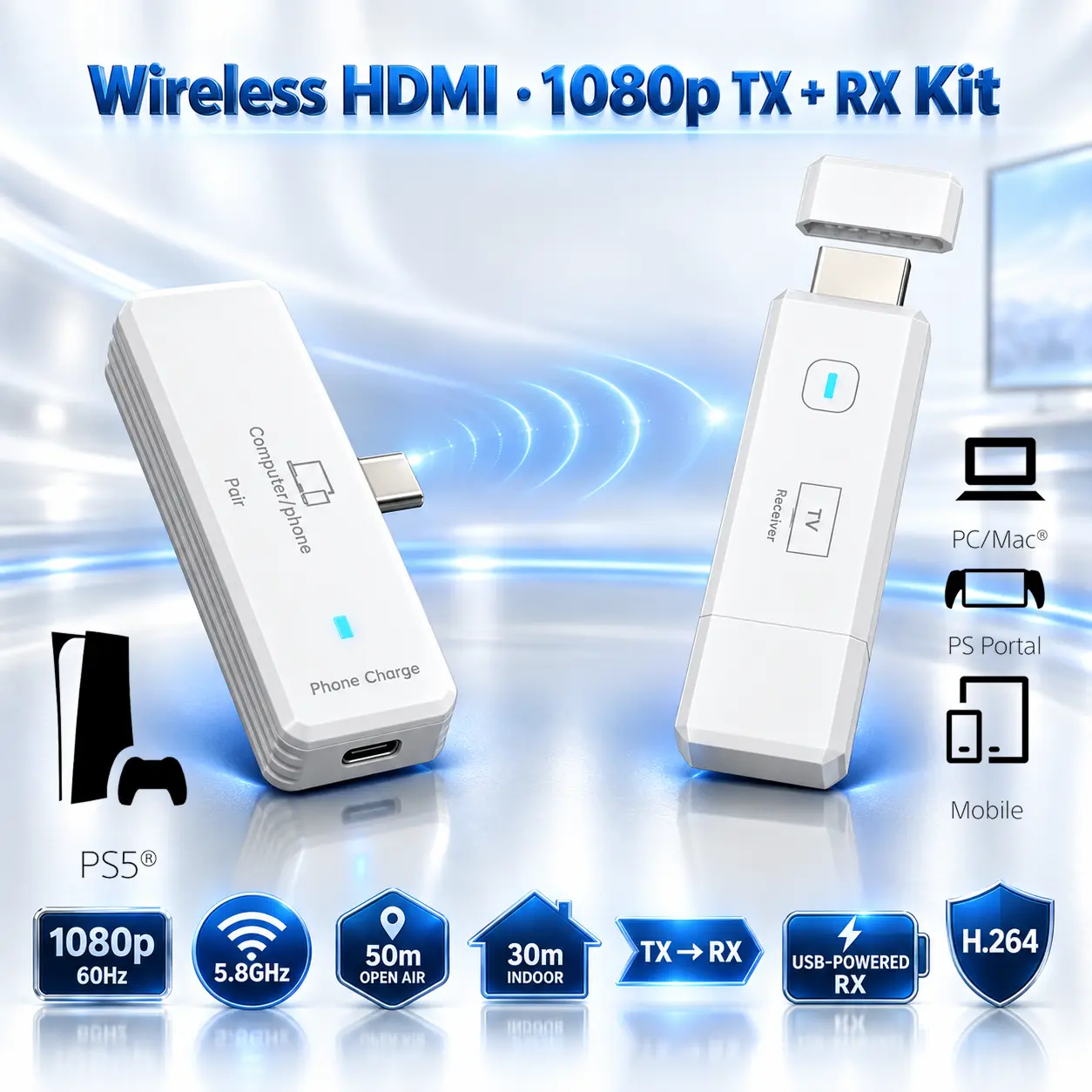 IMG_6ab29b17210f1.webp Wireless HDMI Transmitter & Receiver Kit, 1080p 60Hz, 5.8GHz, Up to 50m Open-Air Range, HDMI TX + RX, USB-Powered Receiver, H.264, for Mobile, Laptop, TV, Projector, PS4/PS5, Mac | WHITE - Image 1