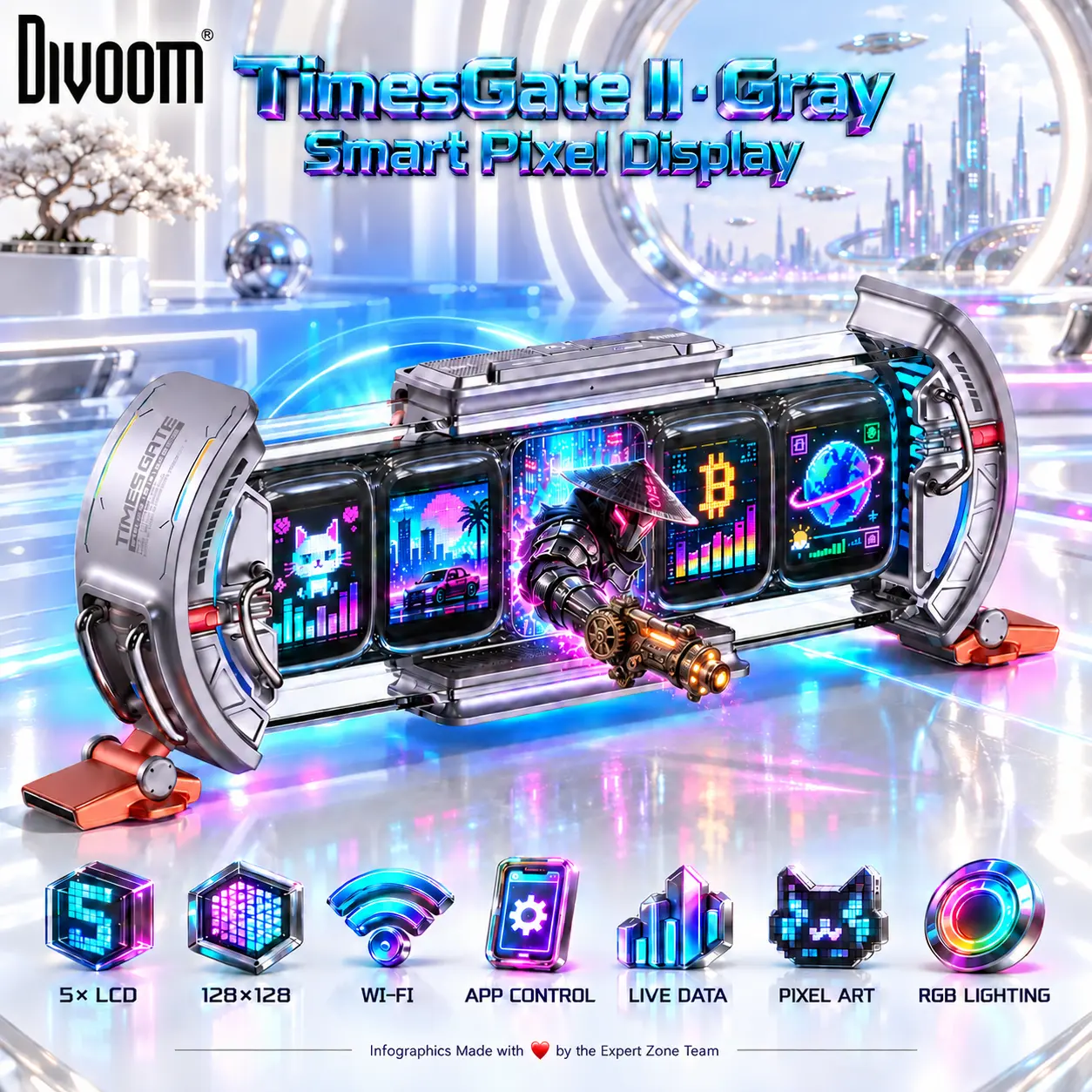 IMG_6ab3b1c2eb662.webp DIVOOM TimesGate II Cyberpunk Gaming Setup With 5-Screen Smart Pixel Display, 2.4GHz Wi-Fi App Control, Live Data Widgets, Pixel Art, Dual-Edge RGB, Digital Alarm Clock, Personalized Financial & Bitcoin Dashboard | GREY - Image 1