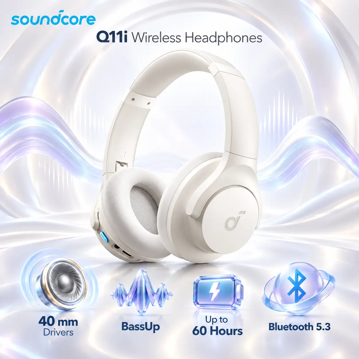 IMG_6ab3b6db1c507.webp soundcore Q11i Wireless Headphones, Bluetooth 5.3, 40 mm Dynamic Drivers, Hi-Res Audio via Included AUX Cable, One-Touch BassUp, Up to 60-Hour Playtime, Quick Charge, White - Image 1