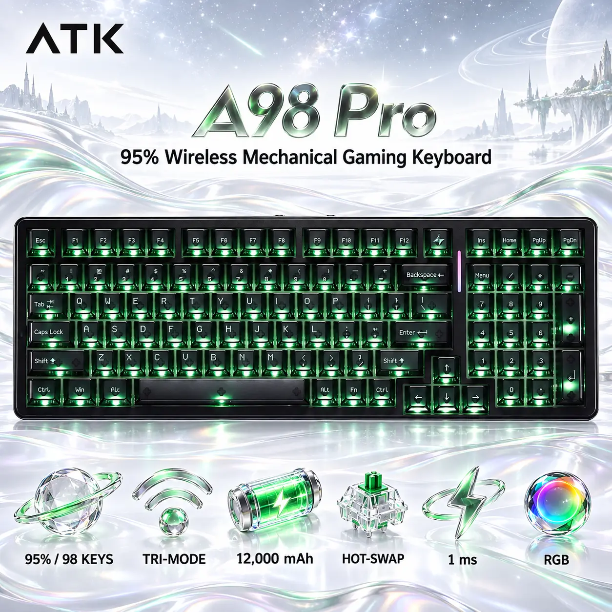 IMG_6ab51575b43d5.webp ATK A98 Pro 95% Wireless Mechanical Gaming Keyboard, 98 Keys with Numpad, Arctic Ice Snake Switches, Tri-Mode, 12,000 mAh Battery, Hot-Swap, Gasket Mount, 1 ms, RGB, Starry Night - Image 1