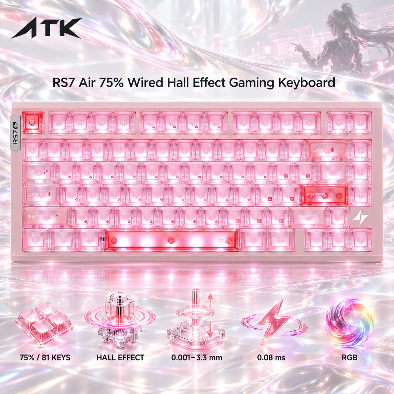 IMG_6ab51c1a116a4.webp ATK RS7 Air 75% Wired Hall Effect Gaming Keyboard, 81 Keys, 0.001–3.3 mm Adjustable RT, 0.08 ms Latency, Frosted Translucent PC Keycaps, RGB, Pink - Image 1