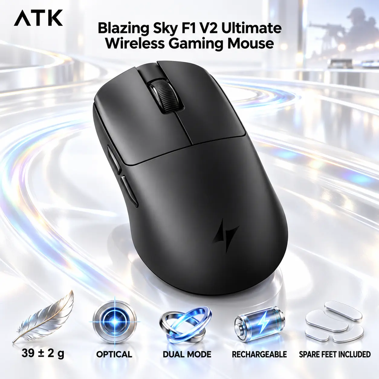 IMG_6ab5282ec321f.webp ATK Blazing Sky F1 V2 Ultimate Black Wireless Gaming Mouse, Dual Mode, 39 ± 2 g Ultralight Symmetrical Body, Optical Tracking, USB, Rechargeable, Programmable Buttons, Spare Feet Included - Image 1