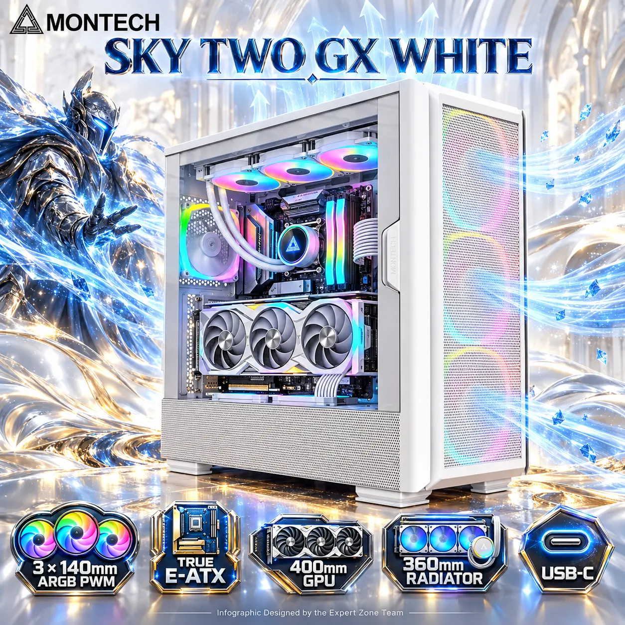 IMG_6ab66e4458e13.webp MONTECH SKY TWO GX Black E-ATX Airflow Gaming Case, 3 × 140mm ARGB PWM Built-in Fans, 360mm Top/Front Radiator Support, 400mm GPU Clearance, Tempered Glass & USB-C, Up to 11 Fans - Image 1