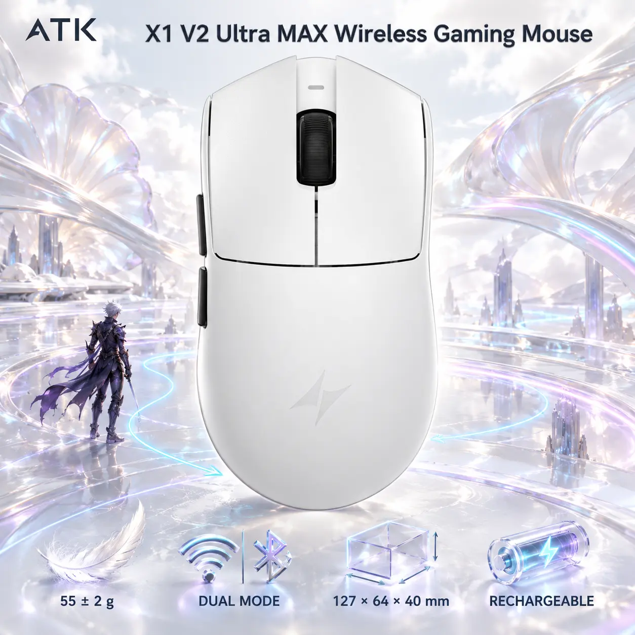 IMG_6ab677100fbbf.webp ATK X1 V2 Ultra MAX Dual-Mode Wireless Optical Gaming Mouse, 55 ± 2 g, 127 × 64 × 40 mm, Rechargeable, Programmable Buttons, White - Image 1