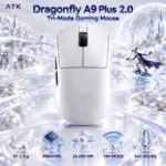 ATK Dragonfly A9 Plus 2.0 Tri-Mode Optical Gaming Mouse, PAW3395, 26,000 DPI, 1K Polling, 800 mAh Battery, White