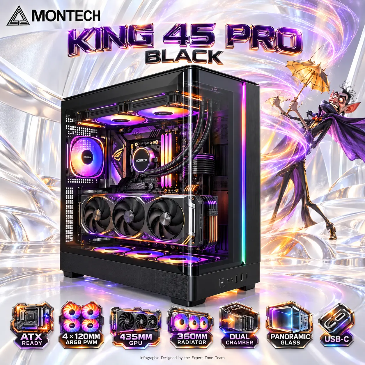 IMG_6ab690a351c16.webp MONTECH KING 45 PRO Black Panoramic ATX Mid-Tower Gaming Case, 4 × 120mm ARGB PWM Fans, Curved Glass, 435mm GPU Support, 360mm Radiator, Dual-Chamber Cooling & USB-C - Image 1