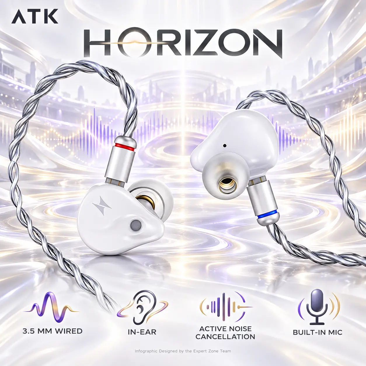 IMG_6ab77470214ac.webp ATK Horizon White Wired Gaming IEMs with 3.5 mm Audio Jack, 10 mm Dual Magnetic Dynamic Driver, Active Noise Cancellation and Built-In Microphone - Image 1