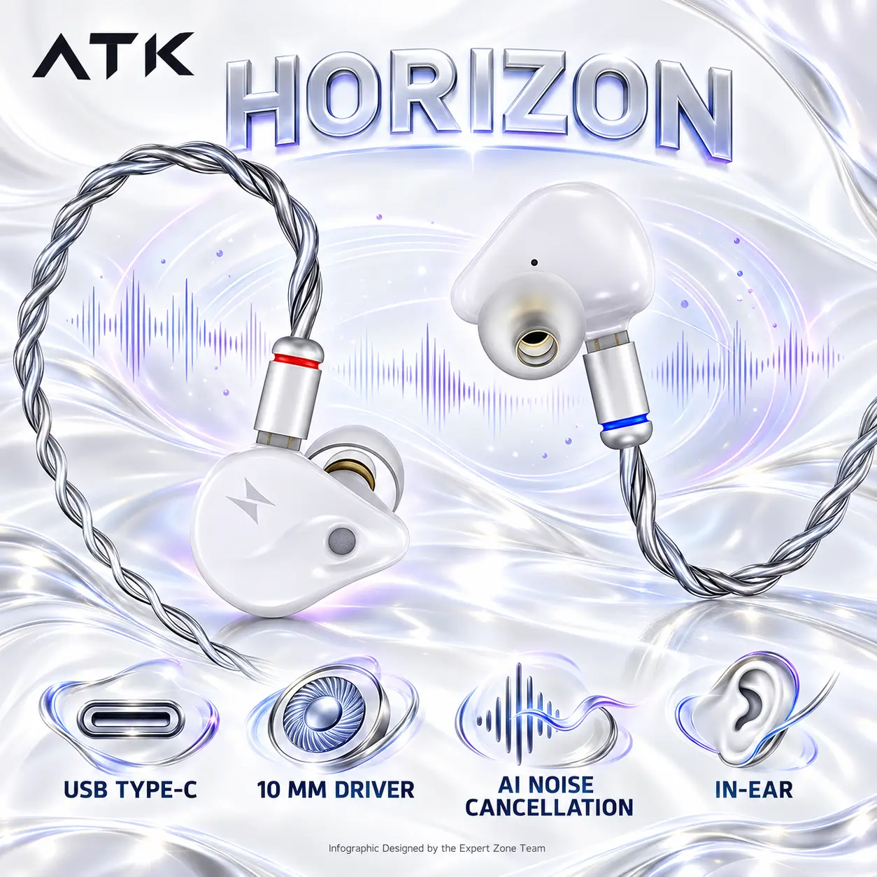IMG_6ab77da9808a4.webp ATK Horizon White Wired Gaming IEMs with USB Type-C, 10 mm Dual Magnetic Dynamic Driver and Active AI Noise Cancellation - Image 1