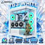 MONTECH TG3 White Panoramic ATX Gaming Case, Back-Connect Ready, 4 ARGB Fans, Tiered Showcase, 430mm GPU, 180mm Cooler, 360mm Radiator & USB-C