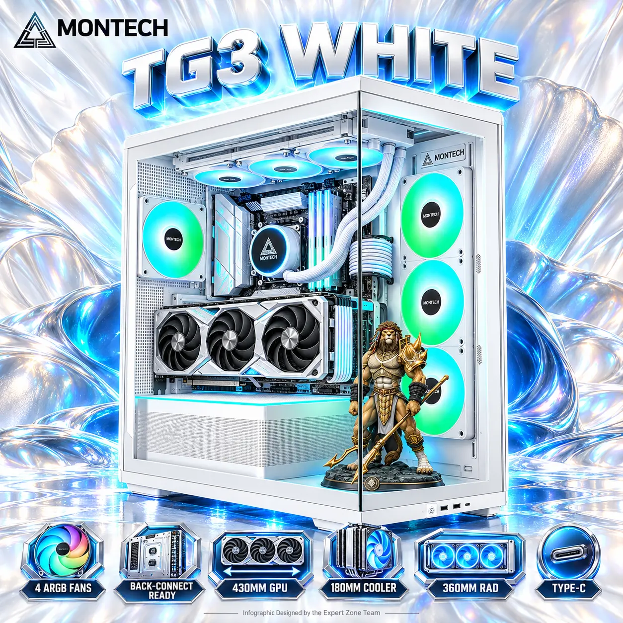 IMG_6ab78afae81de.webp MONTECH TG3 White Panoramic ATX Gaming Case, Back-Connect Ready, 4 ARGB Fans, Tiered Showcase, 430mm GPU, 180mm Cooler, 360mm Radiator & USB-C - Image 1