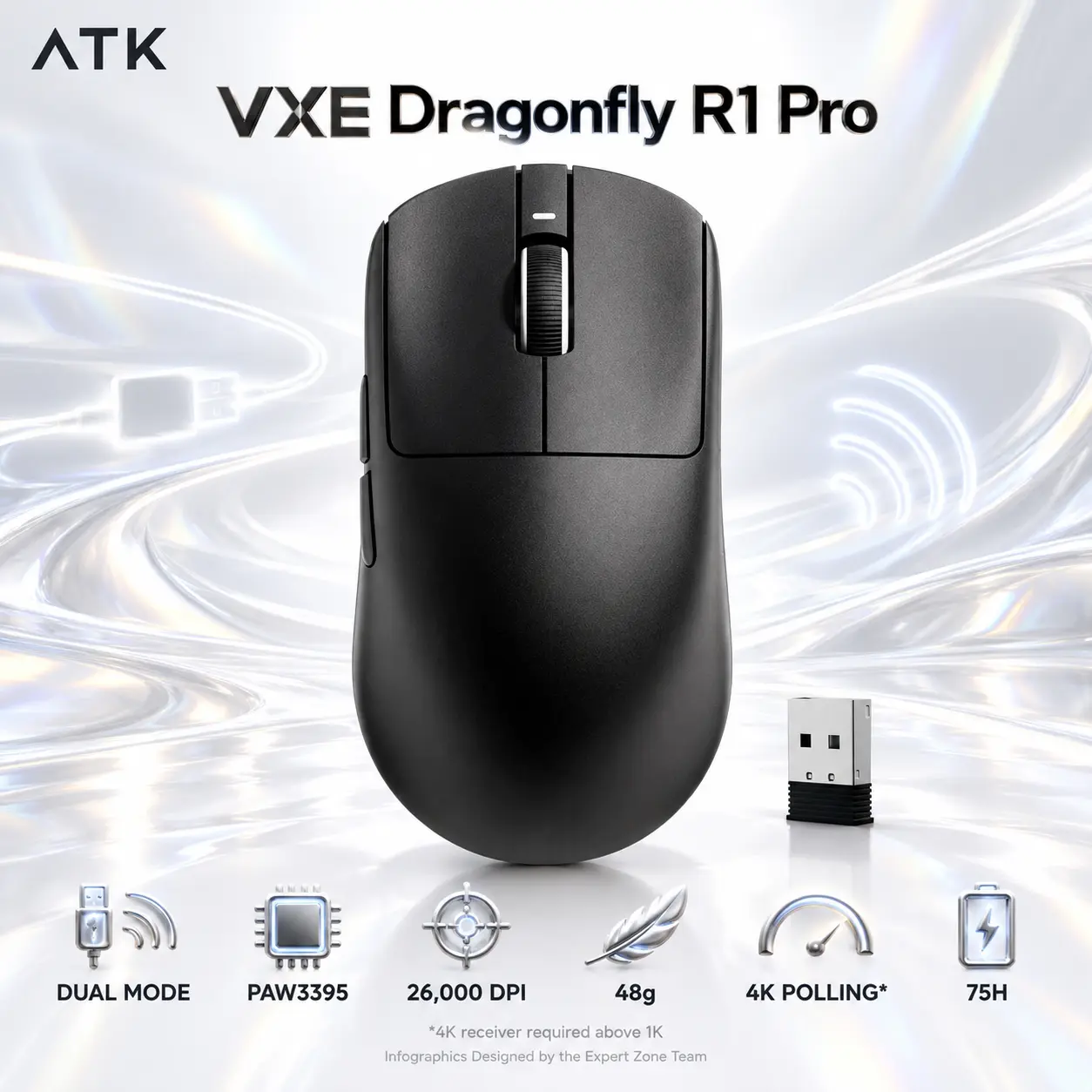 IMG_6ab78e9663a25.webp ATK VXE Dragonfly R1 Pro Black Wireless Gaming Mouse, PAW3395 Sensor, 26,000 DPI, 48g, 4K Polling with Required Receiver, Wired USB, 2.4GHz, 75-Hour Battery - Image 1