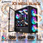 MONTECH X3 Mesh Black ATX Gaming Case, 6 Fixed RGB Fans Pre-installed , 3 × 140mm Front Intake, Swivel Tempered Glass, 305mm GPU Clearance, 240mm Radiator Support & USB 3.0