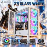 MONTECH X3 Glass White ATX Gaming Case, 6 Fixed RGB Fans, 3 × 140mm Front Fans, Swivel Tempered Glass, 305mm GPU, 240mm Top Radiator, USB 3.0 & Dust Filters