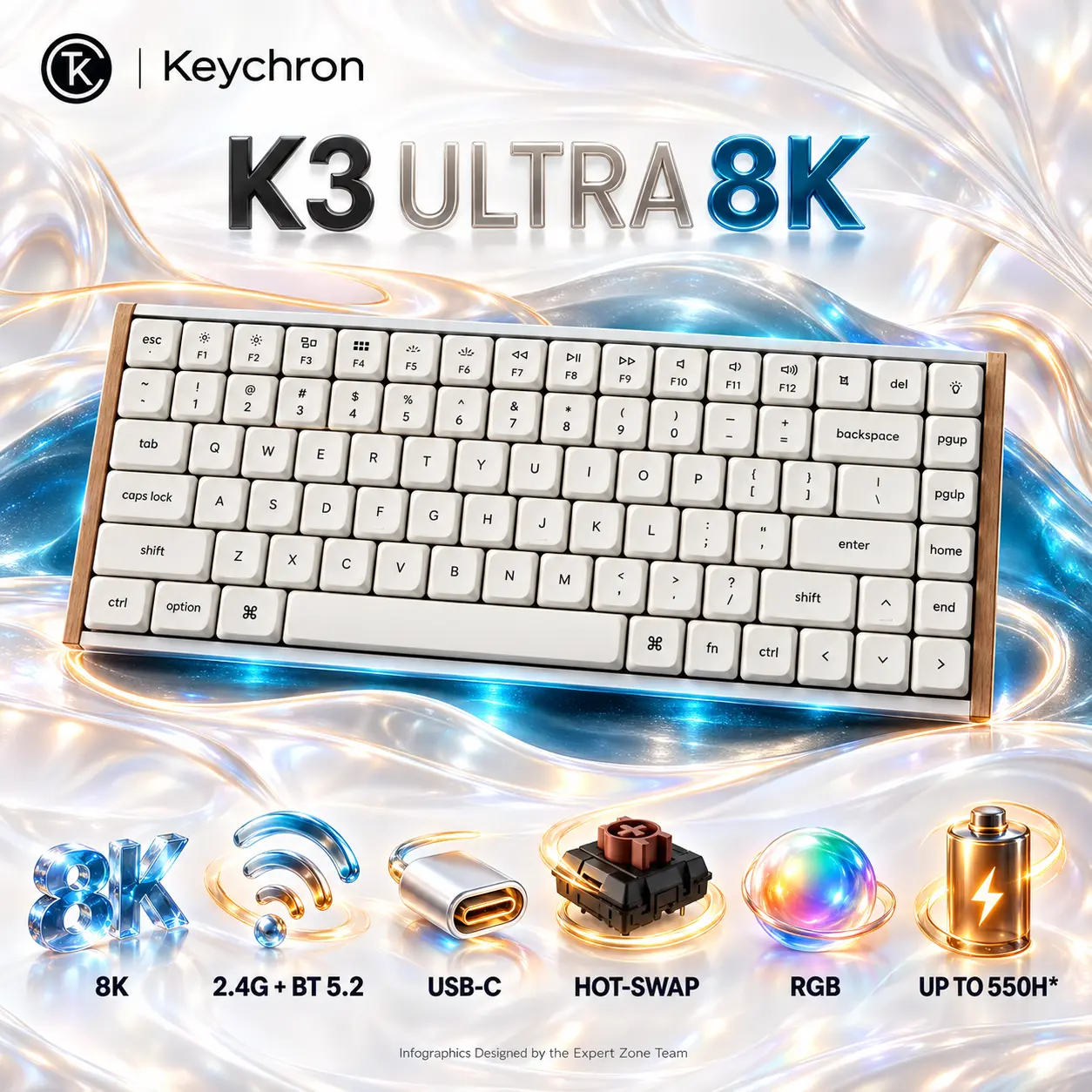 IMG_6aba105c8a10e.webp Keychron K3 Ultra 8K White 75% Wireless Mechanical Keyboard with Tactile Brown Switches, Hot-Swap, RGB, ZMK, 8K Polling, 2.4 GHz, Bluetooth 5.2 and USB-C - Image 1
