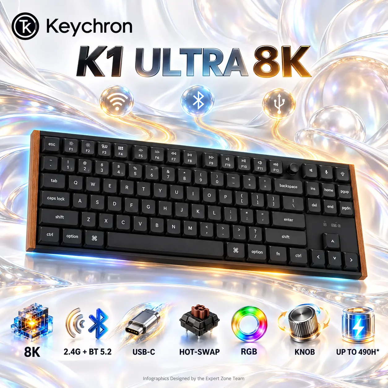 IMG_6aba172c1f8c0.webp Keychron K1 Ultra 8K Brown Switch Wireless Mechanical Keyboard, 80% TKL, Hot-Swappable, RGB, Multi-Function Knob, 2.4 GHz, Bluetooth 5.2, USB-C, Aluminum and Wood Frame - Image 1