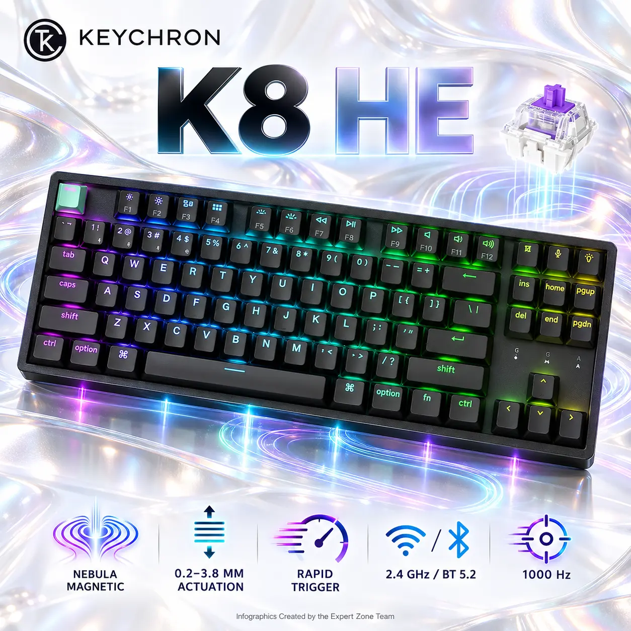 IMG_6aba1e9ad5617.webp Keychron K8 HE Black Special Edition 80% Wireless Magnetic Keyboard with Nebula Switches, Adjustable Actuation, Rapid Trigger, RGB, Hot-Swap, Bluetooth 5.2 & 2.4 GHz - Image 1