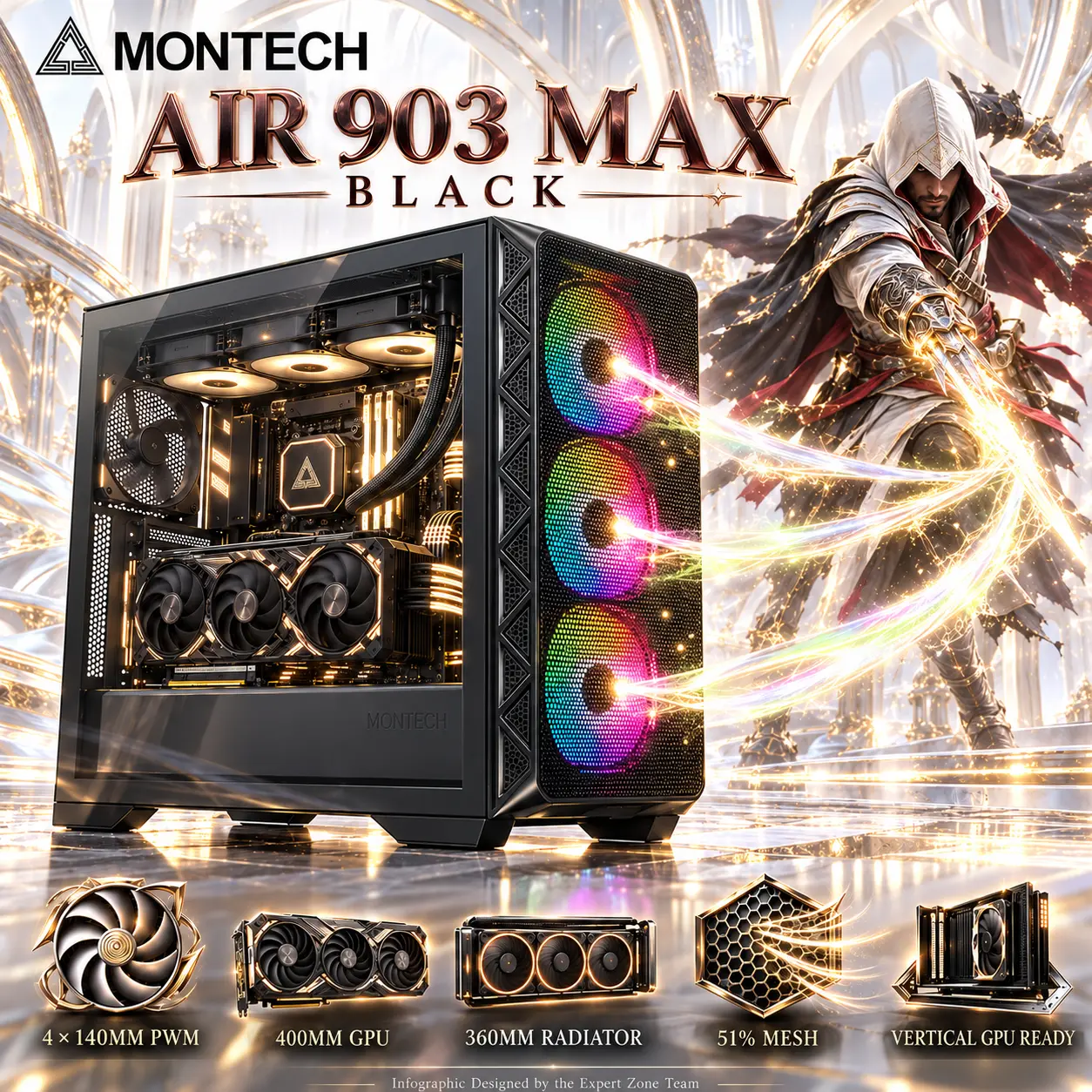 IMG_6aba1eef66aa3.webp MONTECH AIR 903 MAX White E-ATX Gaming Case, 4 × 140mm PWM Fans (3 ARGB), 51% Mesh Airflow, 400mm GPU, 360mm Front/Top Radiators, Tempered Glass, USB-C & Vertical GPU Ready - Image 1