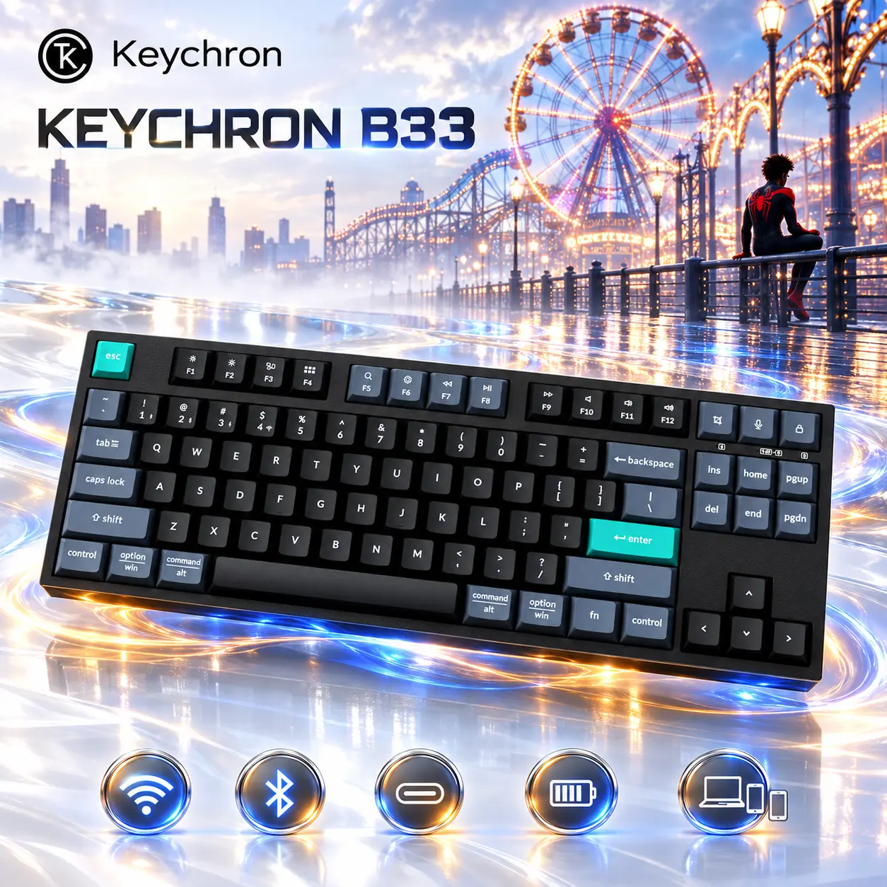IMG_6aba3b404074a.webp Keychron B33 Wireless Keyboard, 80% TKL, Silent Scissor Switches, Tri-Mode Connectivity, Deep Black - Image 1
