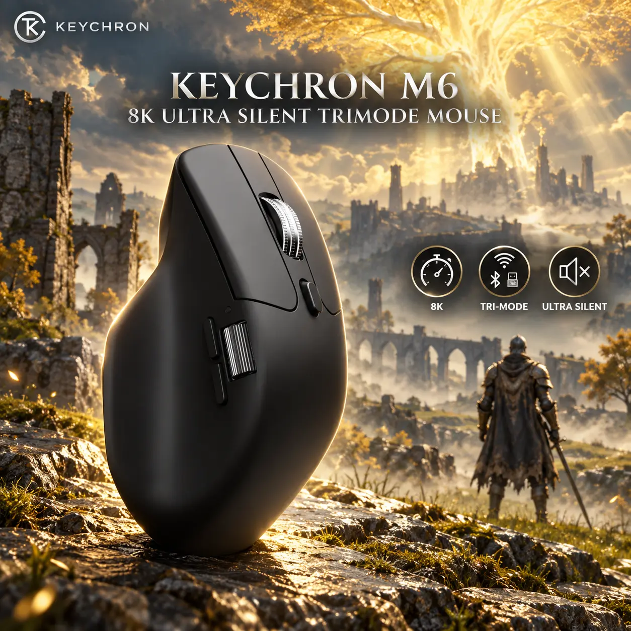 IMG_6aba432904b5f.webp Keychron M6 8K Wireless Ergonomic Mouse, PixArt 3950, All-Silent Switches, Tri-Mode, Black - Image 1