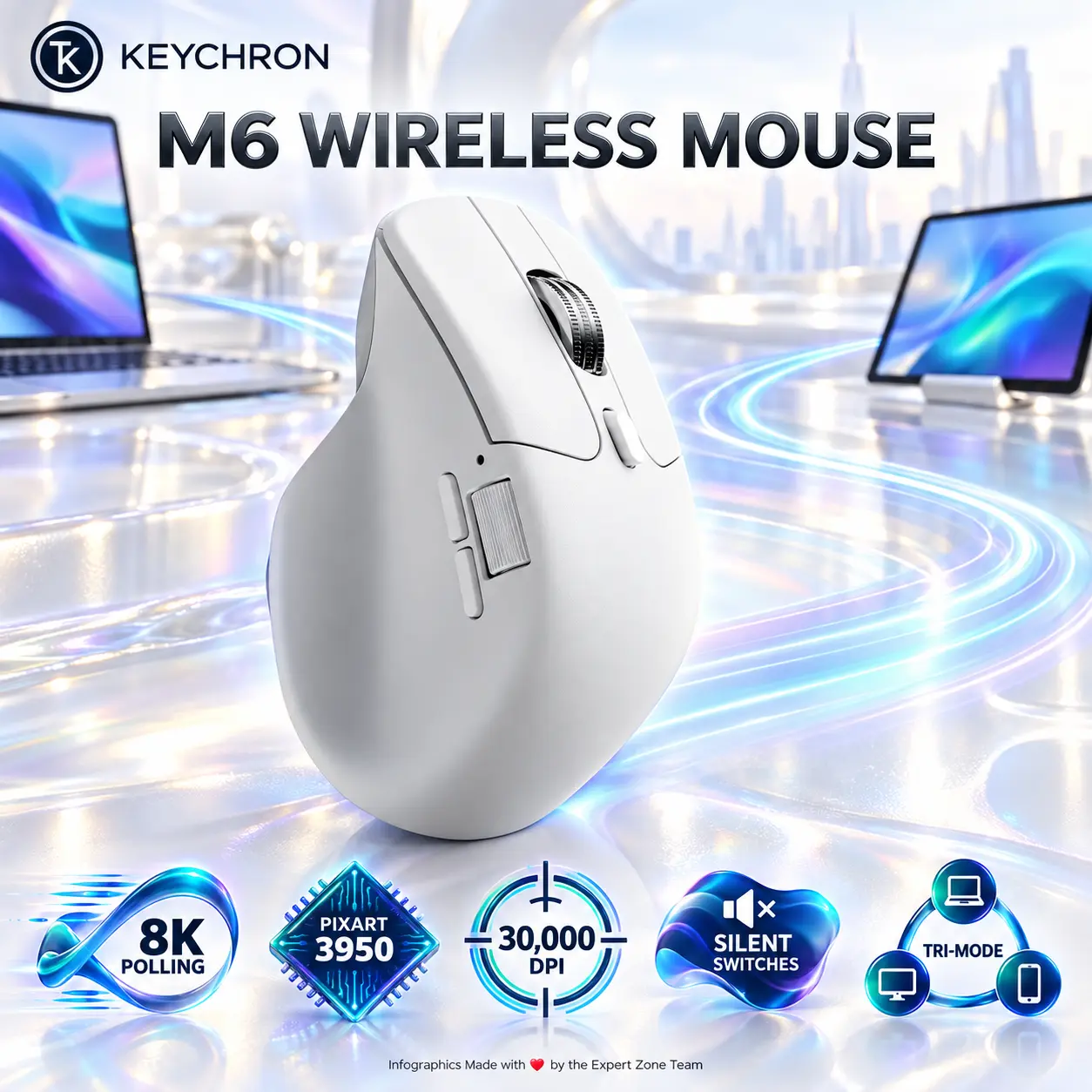 IMG_6aba4bd1f3e7d.webp Keychron M6S-A24 White 8K Wireless Mouse with PixArt 3950 Sensor, 30,000 DPI, Silent Switches, Premium Metal Wheel and Tri-Mode Connectivity - Image 1