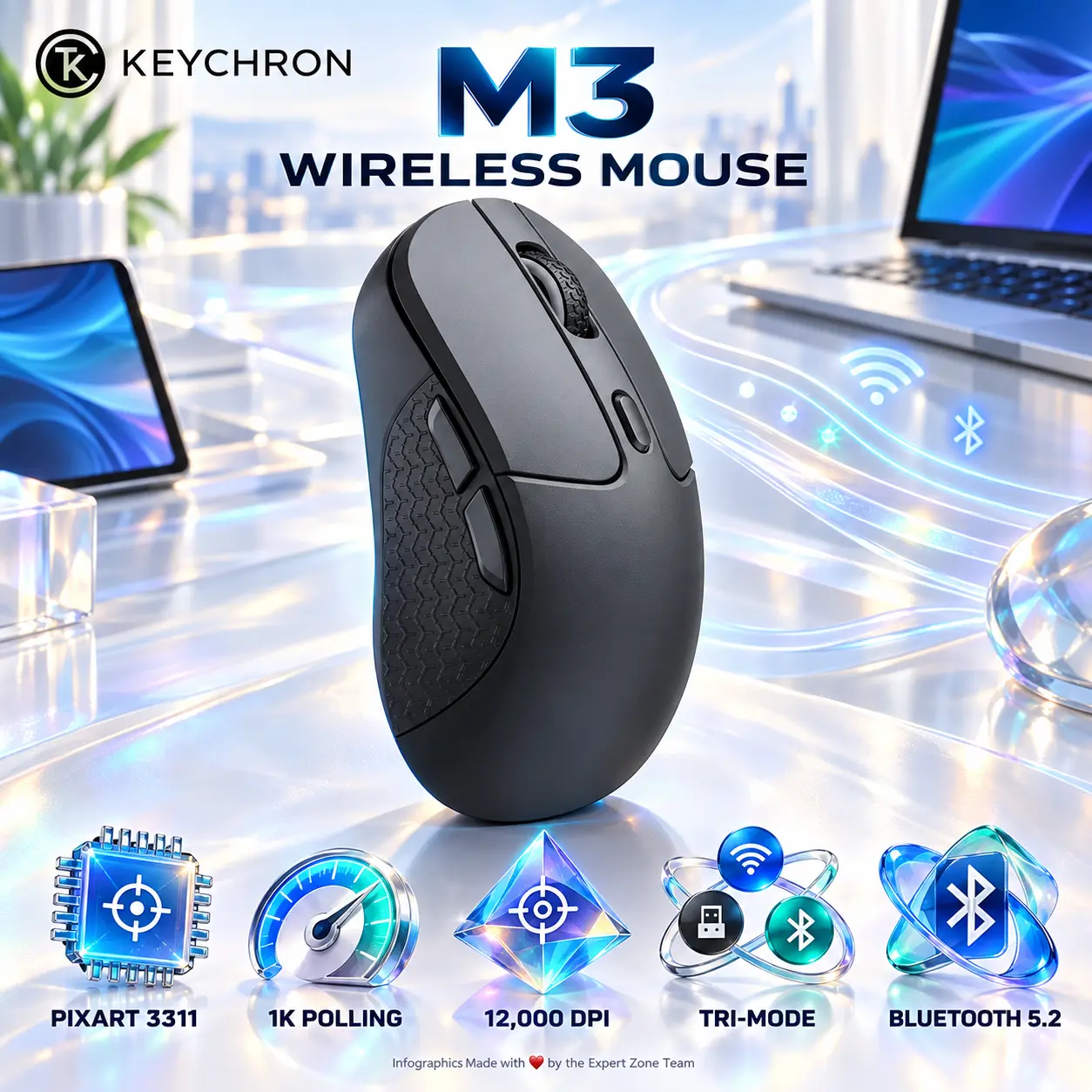 IMG_6aba502b0c494.webp Keychron M3-A71 Black Tri-Mode Mouse with PixArt 3311 Sensor, 12,000 DPI, 1K Polling, Bluetooth 5.2 and Wired USB Connectivity - Image 1
