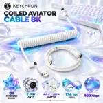 Keychron CAB-48 White Coiled Aviator Cable 8K with Straight USB-C Connector, Detachable 5-Pin GX12, USB-A Adapter and 176 cm Total Length