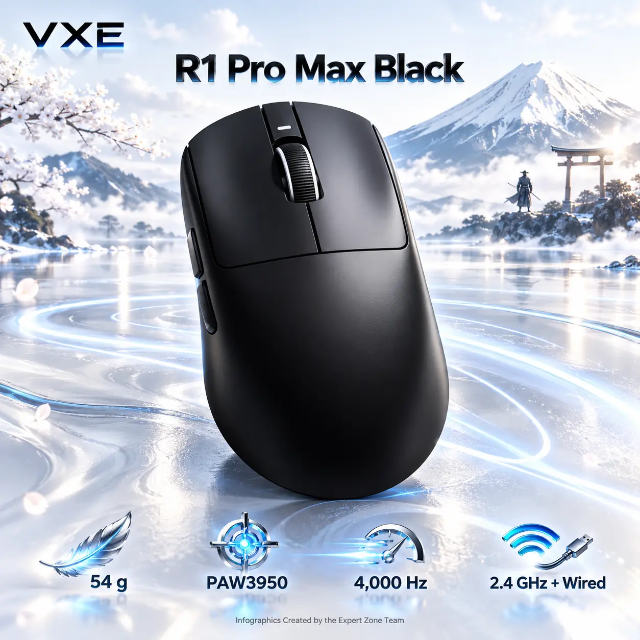 IMG_6aba5cd8d1527.webp ATK VXE R1 Pro Max Black Wireless Gaming Mouse — 54 g, PAW3950 Optical Sensor, 100–26,000 DPI, Up to 4,000 Hz Polling, 2.4 GHz and Wired Connectivity - Image 1