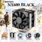 MONTECH NX600 Black Dual-Tower CPU Cooler, 6 Heat Pipes, 2 × E28 PWM Fans, 104 Cooling Fins, Soldered Copper Base, 85.09 CFM Airflow, 160mm Height, Intel & AMD Compatible