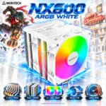 MONTECH NX600 ARGB White Dual-Tower CPU Cooler, 6 Heat Pipes, 2 × 120mm E28 ARGB PWM Fans, 104 Cooling Fins, Soldered Copper Base, 160mm Height, Intel LGA1851 & AMD AM5