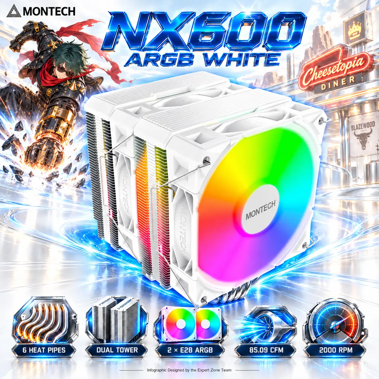 IMG_6abb7c1da5e95.webp MONTECH NX600 ARGB White Dual-Tower CPU Cooler, 6 Heat Pipes, 2 × 120mm E28 ARGB PWM Fans, 104 Cooling Fins, Soldered Copper Base, 160mm Height, Intel LGA1851 & AMD AM5 - Image 1