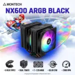 MONTECH NX600 ARGB Black Dual-Tower CPU Cooler, 6 Copper Heat Pipes, 2 × E28 ARGB PWM Fans, 104 Cooling Fins, 85.09 CFM, 160mm Height, Intel & AMD Compatible