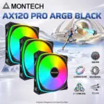 MONTECH AX120 PRO ARGB 3-in-1 Fan Pack, 3 × 120mm PWM Fans, Nine-Blade Design, 72.3 CFM Airflow, 1600 RPM, Illuminated RGB Rims, Rifle Bearings & Fan Hub | WHITE