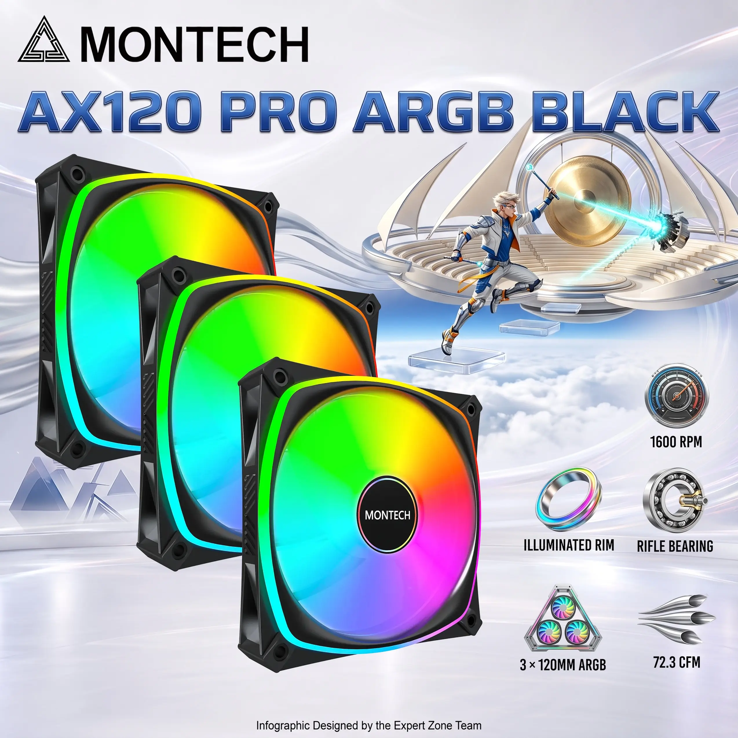 IMG_6abbbb76b46f4.webp MONTECH AX120 PRO ARGB 3-in-1 Fan Pack, 3 × 120mm PWM Fans, Nine-Blade Design, 72.3 CFM Airflow, 1600 RPM, Illuminated RGB Rims, Rifle Bearings & Fan Hub | WHITE - Image 1