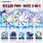 MONTECH RX120 PWM 3-in-1 120mm Reverse-Blade ARGB Fans, 800–1600 RPM, 59 CFM, 1.8 mmH₂O, 27 dBA Near Silent, 4-Pin PWM, 5V 3-Pin ARGB | BLACK
